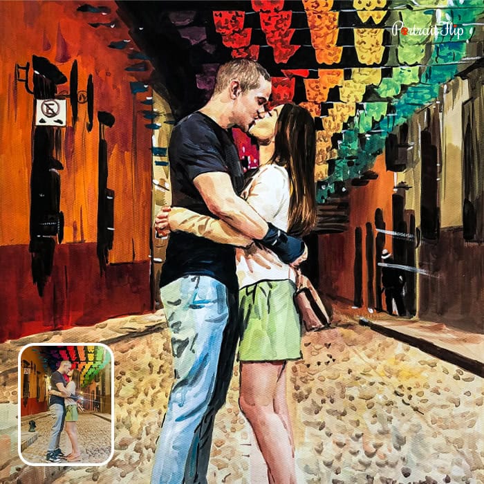 Watercolor painting of engaged couple kissing on colorful street
