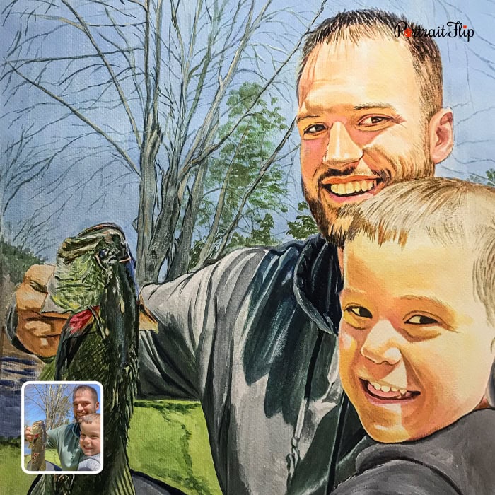 Watercolor painting of father and son fishing outdoors