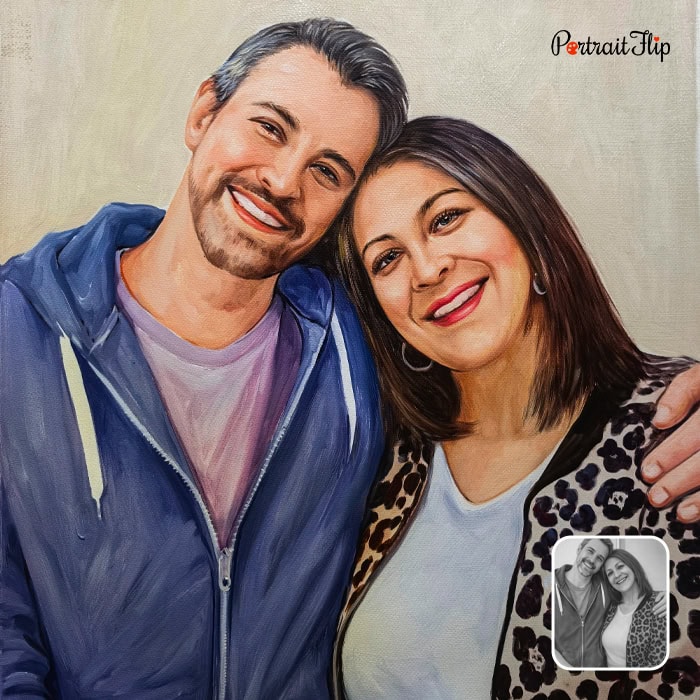Watercolor painting of smiling couple portrait