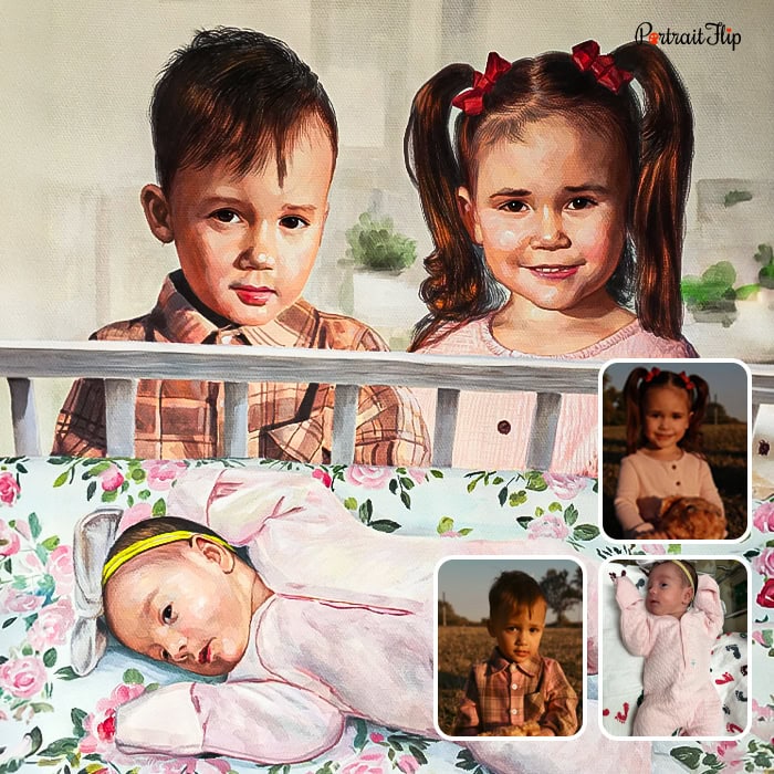 Watercolor painting of two siblings with newborn baby from photos