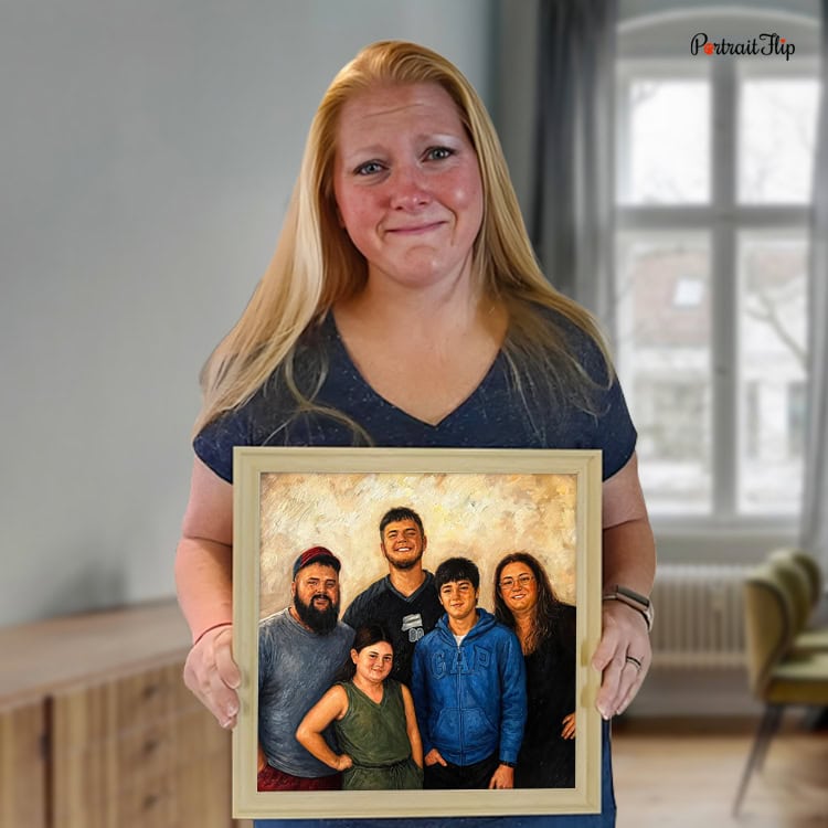 Woman holding a framed custom impasto family portrait painting