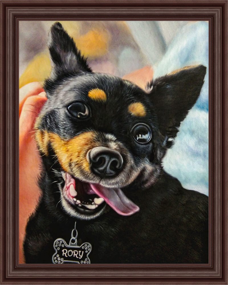 Framed oil painting of a happy black and tan chihuahua named Rory, hand-painted from a photo